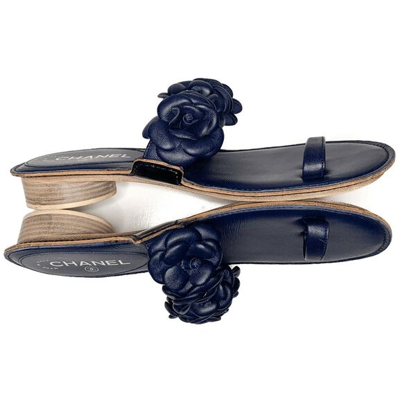 Chanel Camellia Flower CC Logo Flat Toe Ring Slide Blue Sandals EU 40 US 9-9.5 - Picture 6 of 9